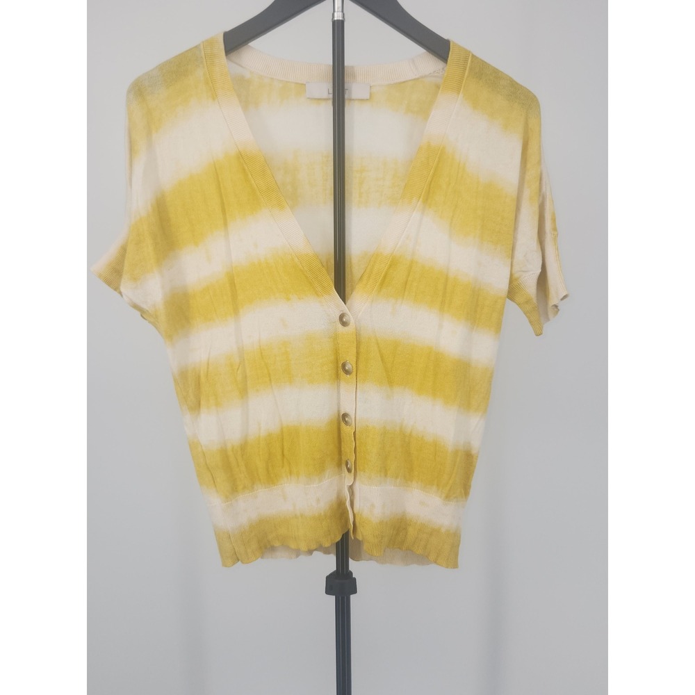 LOFT Ann Taylor Yellow White Tie Dye Striped Short Sleeve Cardigan Sweater M
